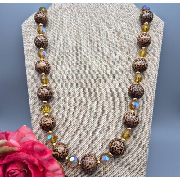 Joan Rivers Statement Necklace AB Wash Glass & Chunky Leopard Cheetah Print Bead - Picture 1 of 7
